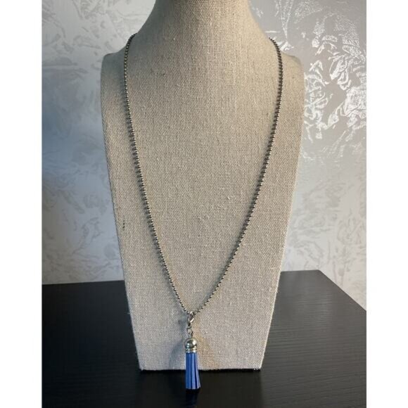 Silver Beadball Necklace With Blue Tassel Pendant - Picture 1 of 4